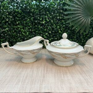 Royal Tettau Princess Blue Green Gold | Creamer & Covered Sugar Bowl Set Germany